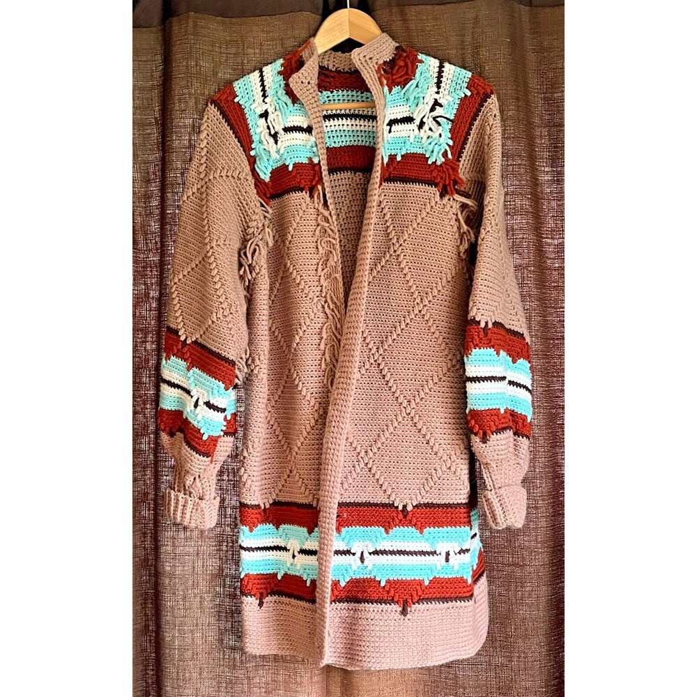 Handmade Crochet Long Cardigan Sweater Southwest Look Hand Made Knit